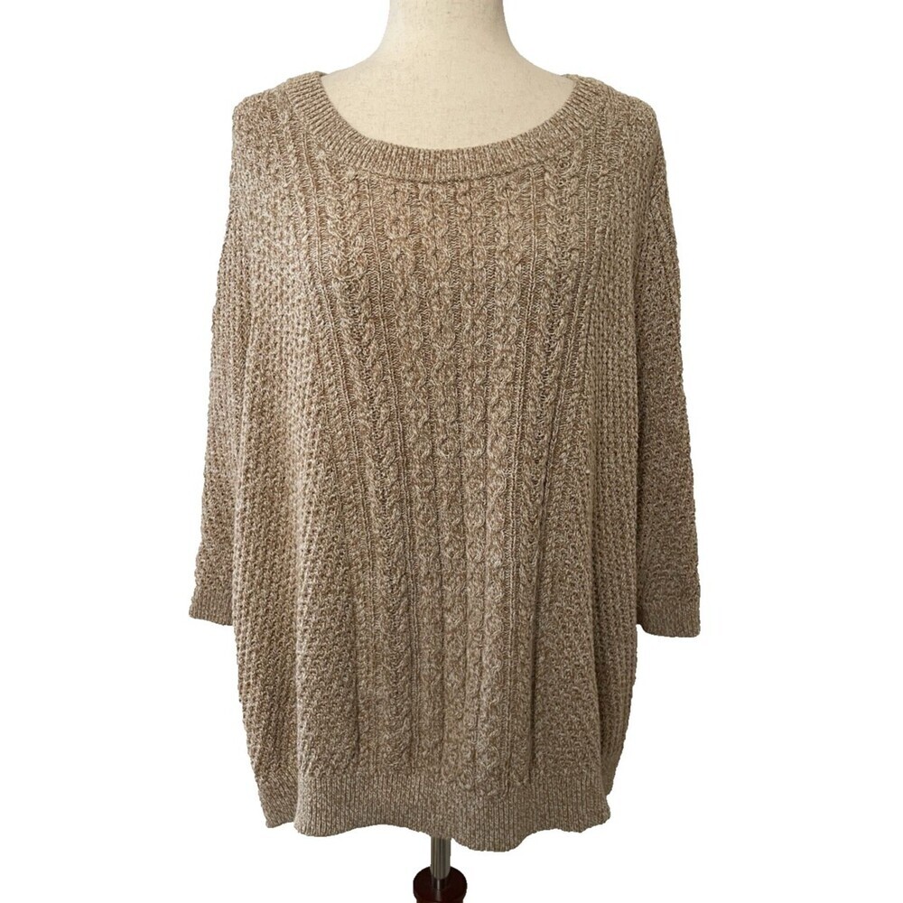 Lands End Women’s 3X Knit Sweater Cable Knit Beige Tan 3/4 Sleeve Neutral